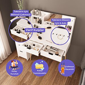 T4050 Bella 5+2 Çekmeceli Makyaj Masası Seti Beyaz – Takı Askılı, Fırçalık Kutu Raflı, Ahşap Ayaklı
