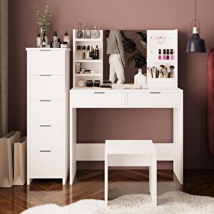U5050 Diena 5+2 Çekmeceli Dolaplı Tabureli Takı Düzenleyicili Makyaj Masası Beyaz