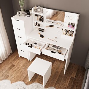 Bimossa U5050 Diena 5+2 Çekmeceli Dolaplı Tabureli Takı Düzenleyicili Makyaj Masası Beyaz