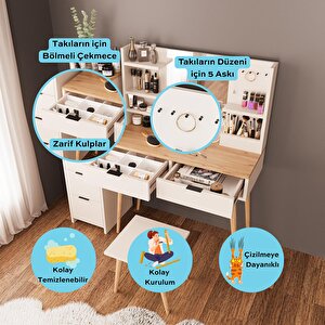 U4060 Bella Makyaj Masası Seti 5+2 Çekmeceli Dolaplı Tabureli Kumtaşı-sepet