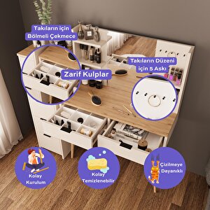 T4060 Bella 5+2 Çekmeceli Makyaj Masası Seti Kumtaşı Sepet – Raflı Ayna, Takı Askılı, Ahşap Ayaklı