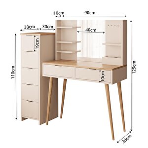 T4060 Bella 5+2 Çekmeceli Makyaj Masası Seti Kumtaşı Sepet – Raflı Ayna, Takı Askılı, Ahşap Ayaklı