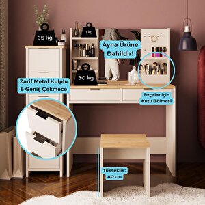 U5060 Diena 5+2 Çekmeceli Tabureli Takı Düzenleyicili Makyaj Masası Kumtaşı & Sepet