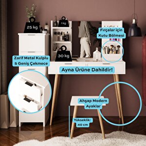 U4050 Bella Makyaj Masası Seti 5+2 Çekmeceli Dolaplı Tabureli Beyaz