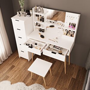 U4050 Bella Makyaj Masası Seti 5+2 Çekmeceli Dolaplı Tabureli Beyaz