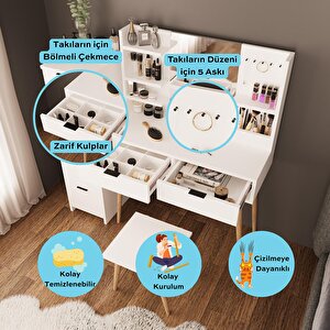 Bimossa U4050 Bella Makyaj Masası Seti 5+2 Çekmeceli Dolaplı Tabureli Beyaz