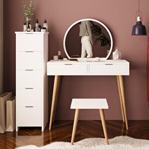 Lucy Makyaj Masası Takımı U1050 – Beyaz | Aynalı, Tabureli, Çekmeceli Dolaplı