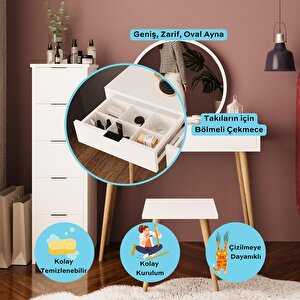 Lucy Makyaj Masası Takımı U1050 – Beyaz | Aynalı, Tabureli, Çekmeceli Dolaplı