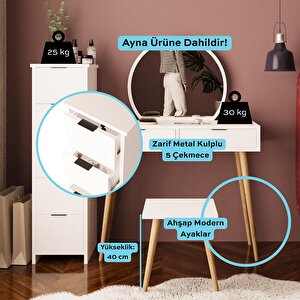 Lucy Makyaj Masası Takımı U1050 – Beyaz | Aynalı, Tabureli, Çekmeceli Dolaplı