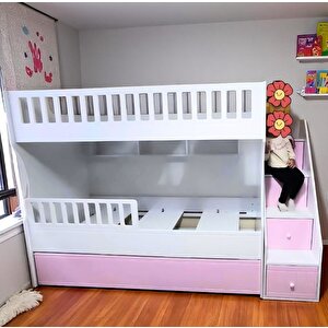Zaragoza Tamamı Mdf Yavrulu 3 Lü Ranza  Pembe Beyaz Ücretiz Montaj