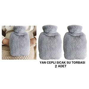 Sıcak Su Torbası 2 Adet,Yan Cepli Gri Peluş Termofor 27X17X2Cm  750Ml