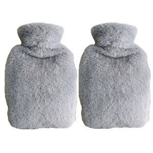 Sıcak Su Torbası 2 Adet,Yan Cepli Gri Peluş Termofor 27X17X2Cm  750Ml