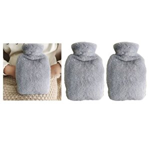 Sıcak Su Torbası 2 Adet,Yan Cepli Gri Peluş Termofor 27X17X2Cm  750Ml