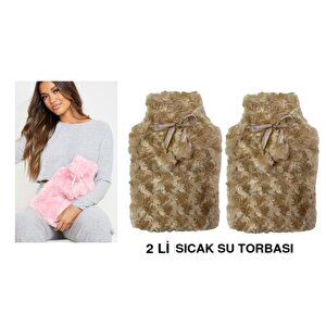 Sıcak Su Torbası 2 Adet,Ponponlu Termofor Peluş Bej  28X17Cm 750Ml
