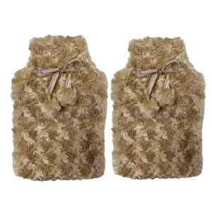 Sıcak Su Torbası 2 Adet,Ponponlu Termofor Peluş Bej  28X17Cm 750Ml