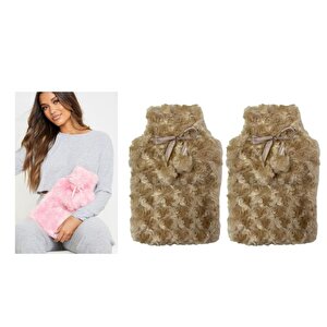 Sıcak Su Torbası 2 Adet,Ponponlu Termofor Peluş Bej  28X17Cm 750Ml