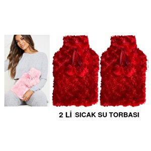 Sıcak Su Torbası 2 Adet,Kırmızı Renkli,Ponponlu Termofor 26X17X2Cm 1 Litre