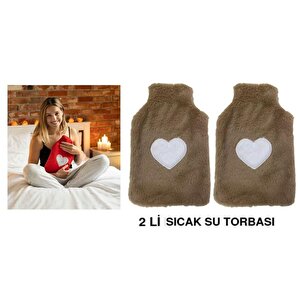 Sıcak Su Torbası 2 Adet,Peluş Kalpli,Bej Termofor 29X17Cm 750Ml