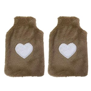 Sıcak Su Torbası 2 Adet,Peluş Kalpli,Bej Termofor 29X17Cm 750Ml