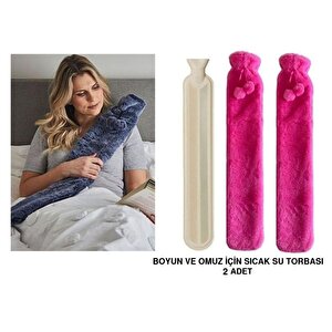 Sıcak Su Torbası 2 Adet,Boyun Ve Omuz için  Uzun Peluş Pembe Ponponlu 2Lt Termofor 75X13Cm