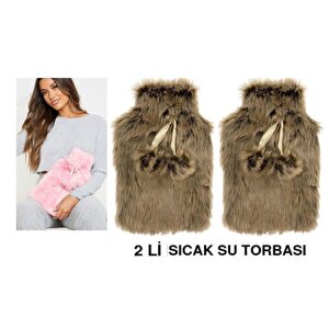 Sıcak Su Torbası 2 Adet,Peluş Ponponlu Kahverengi 28X18X2Cm 1 Litre