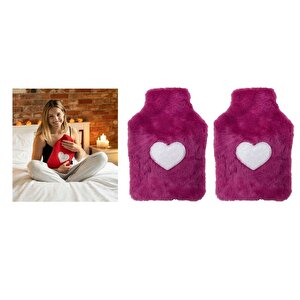 Sıcak Su Torbası 2 Adet,peluş Kalpli̇,pembe Termofor 29x17cm 750ml