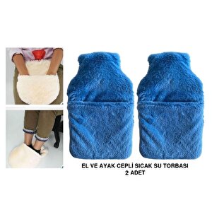 Sıcak Su Torbası 2 Adet,Cepli Mavi Peluş Termofor 32,5X17,5Cm  1500 Ml