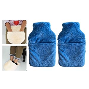 Sıcak Su Torbası 2 Adet,Cepli Mavi Peluş Termofor 32,5X17,5Cm  1500 Ml