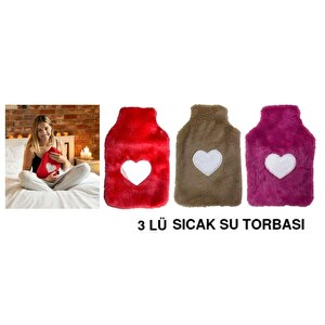 Sıcak Su Torbası 3 Adet,Peluş Kalpli,Termofor 26X17X2Cm 1 Litre