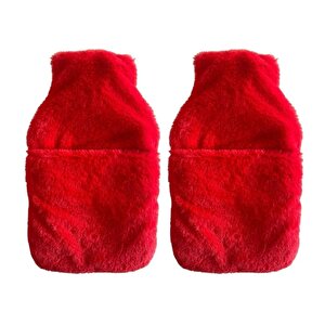 Sıcak Su Torbası 2 Adet,Cepli Kırmızı Peluş Termofor 32,5X17,5Cm  1500 Ml