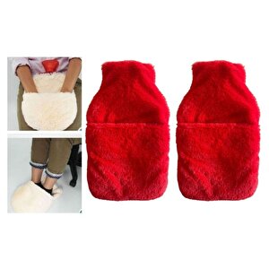 Sıcak Su Torbası 2 Adet,Cepli Kırmızı Peluş Termofor 32,5X17,5Cm  1500 Ml