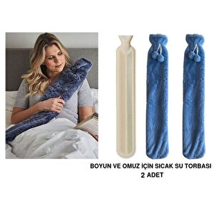 Sıcak Su Torbası 2 Adet,Boyun Ve Omuz için  Uzun Peluş Mavi Ponponlu 2Lt Termofor 75X13Cm