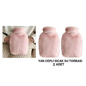 Sıcak Su Torbası 2 Adet,Yan Cepli Pembe Peluş Termofor 27X17X2Cm  750Ml