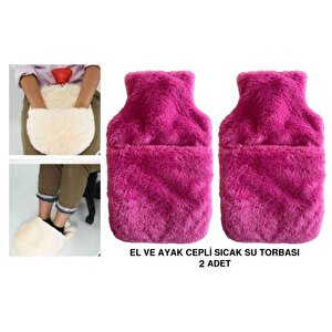 Sıcak Su Torbası 2 Adet,Cepli Pembe Peluş Termofor 32,5X17,5Cm  1500 Ml