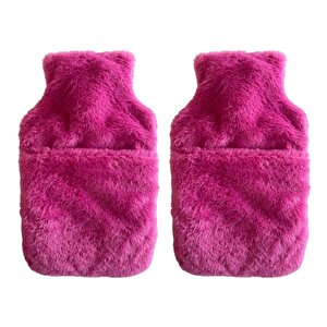 Sıcak Su Torbası 2 Adet,Cepli Pembe Peluş Termofor 32,5X17,5Cm  1500 Ml