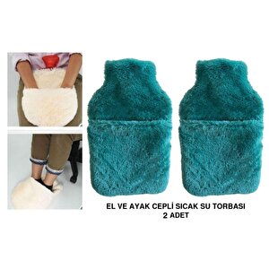 Sıcak Su Torbası 2 Adet,Cepli Yeşil Peluş Termofor 32,5X17,5Cm  1500 Ml