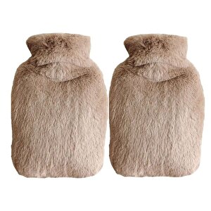 Sıcak Su Torbası 2 Adet,Yan Cepli Bej Peluş Termofor 27X17X2Cm  750Ml