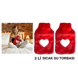 Sıcak Su Torbası 2 Adet,Peluş Kalpli,Pembe Termofor 26X17X2Cm 1 Litre