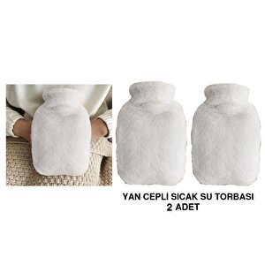 Sıcak Su Torbası 2 Adet,Yan Cepli Beyaz Peluş Termofor 27X17X2Cm  750Ml
