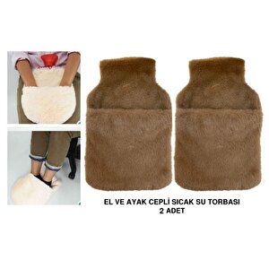 Sıcak Su Torbası 2 Adet,Cepli Kahverengi Peluş Termofor 32,5X17,5Cm  1500 Ml