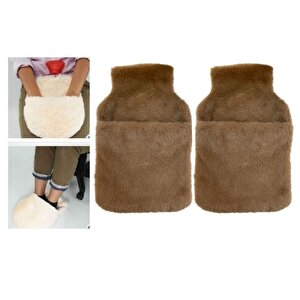 Sıcak Su Torbası 2 Adet,Cepli Kahverengi Peluş Termofor 32,5X17,5Cm  1500 Ml