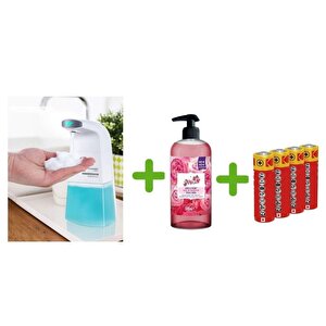 Sensörlü Fotoselli Sıvı Sabunluk,Piller Dahil 21X10X5Cm Ve Bir Adet 500 Ml Sıvı Sabun Gül Kokulu