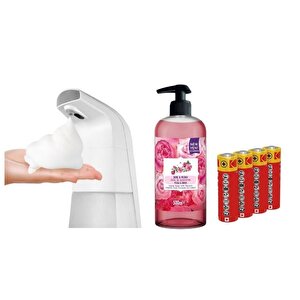 Sensörlü Fotoselli Sıvı Sabunluk,Piller Dahil 21X10X5Cm Ve Bir Adet 500 Ml Sıvı Sabun Gül Kokulu