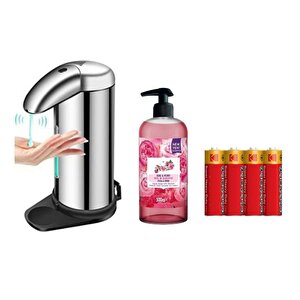 Sensörlü Fotoselli Sıvı Sabunluk,Piller Dahil 14X10X22Cm Ve Bir Adet 500 Ml Sıvı Sabun Gül Kokulu