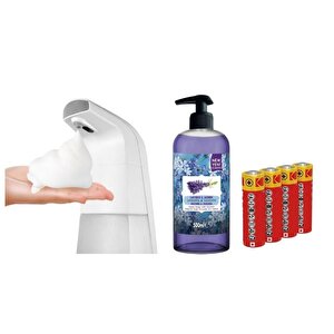 Sensörlü Fotoselli Sıvı Sabunluk,Piller Dahil 21X10X5Cm Ve Bir Adet 500 Ml Sıvı Sabun Lavanta Kokulu