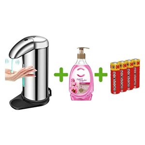 Sensörlü Fotoselli Sıvı Sabunluk,Piller Dahil 14X10X22Cm Ve Bir Adet 392 Ml Sıvı Sabun Amber Ve Gül