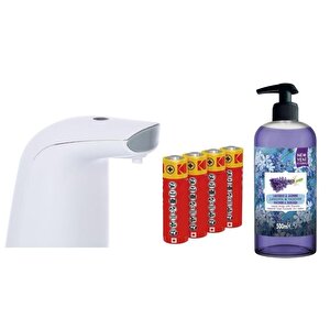Sensörlü Fotoselli Sıvı Sabunluk,Piller Dahil 21X5X10Cm Ve Bir Adet 500 Ml Sıvı Sabun Lavanta Kokulu