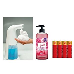 Sensörlü Fotoselli Sıvı Sabunluk,Piller Dahil 21X5X10Cm Ve Bir Adet 500 Ml Sıvı Sabun Gül Kokulu