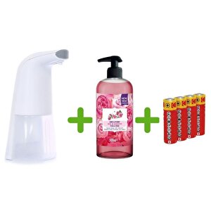 Sensörlü Fotoselli Sıvı Sabunluk,Piller Dahil 21X5X10Cm Ve Bir Adet 500 Ml Sıvı Sabun Gül Kokulu