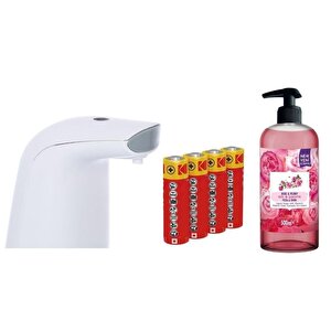 Sensörlü Fotoselli Sıvı Sabunluk,Piller Dahil 21X5X10Cm Ve Bir Adet 500 Ml Sıvı Sabun Gül Kokulu
